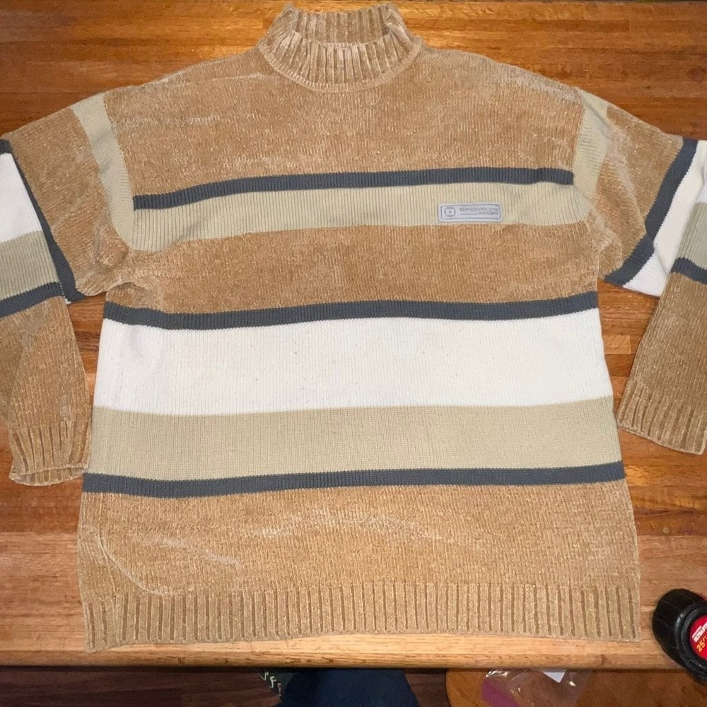 Brooklyn Xpress Men XL Brown Earthy Striped Mock Neck Knit Pullover Sweater